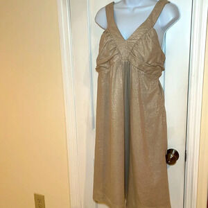 Vintage Linen Blend Dress Women12 Tan Gold Metallic Thread Sleeveless Baby Doll